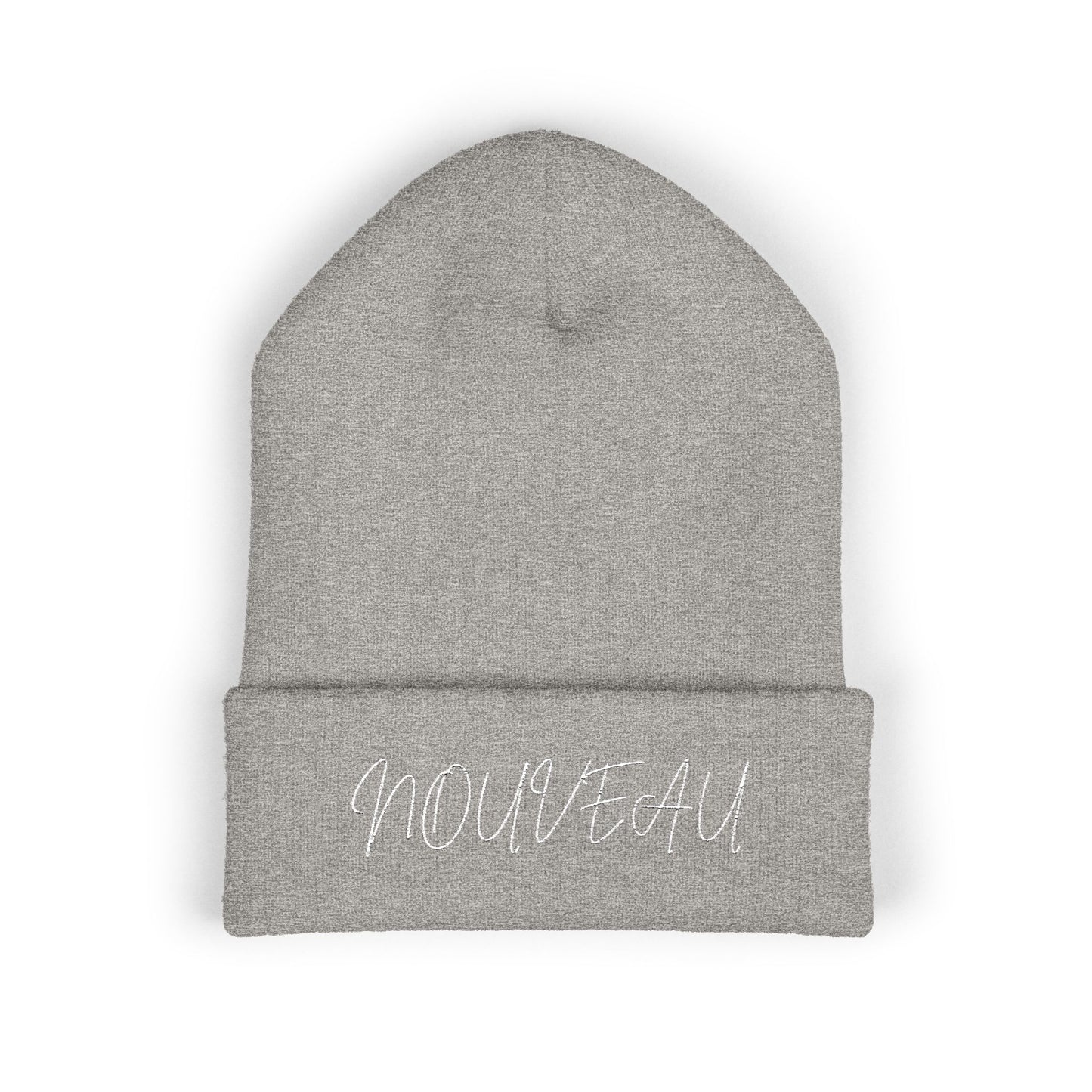 White Lettering NOUVEAU Embroidered Cuffed Beanie
