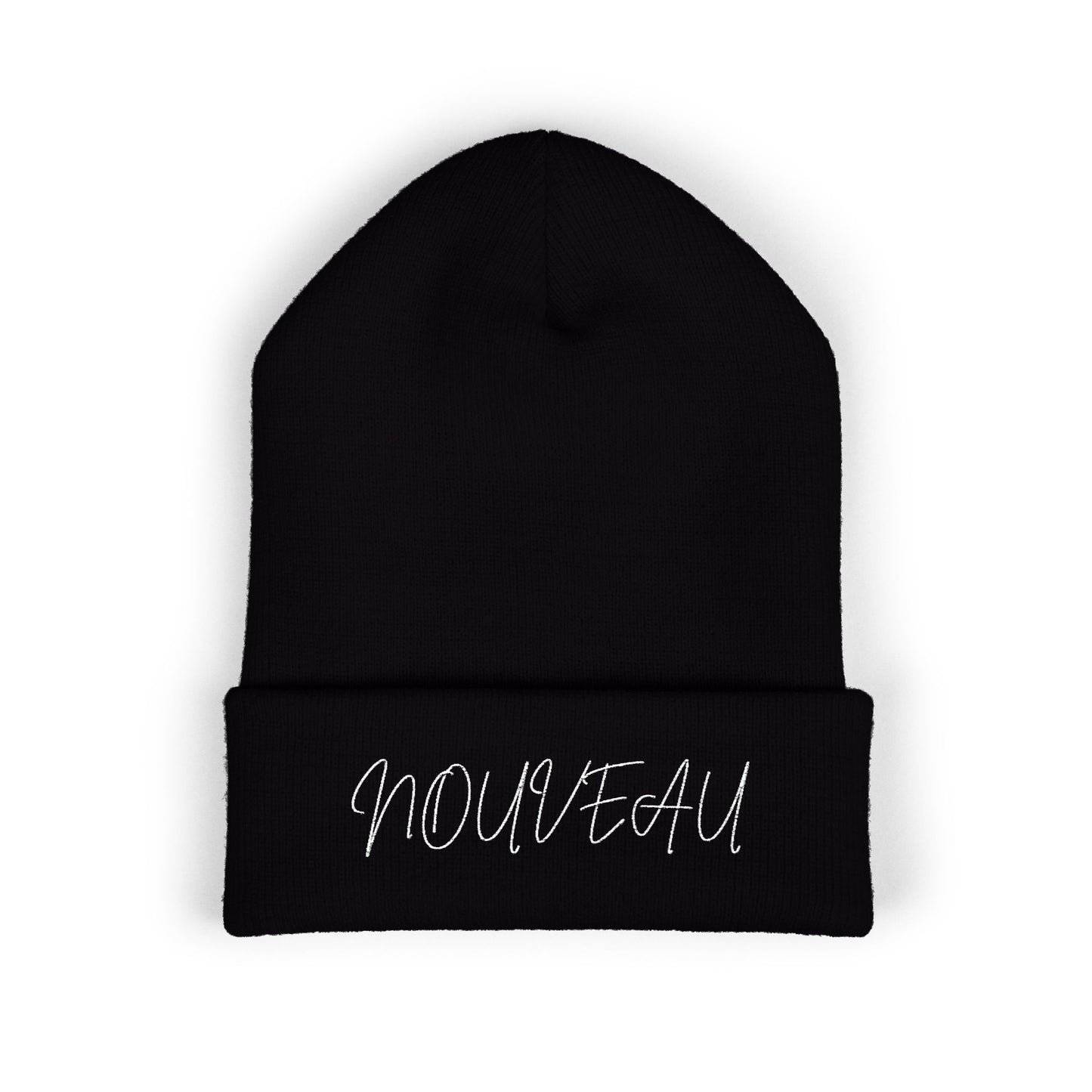 White Lettering NOUVEAU Embroidered Cuffed Beanie