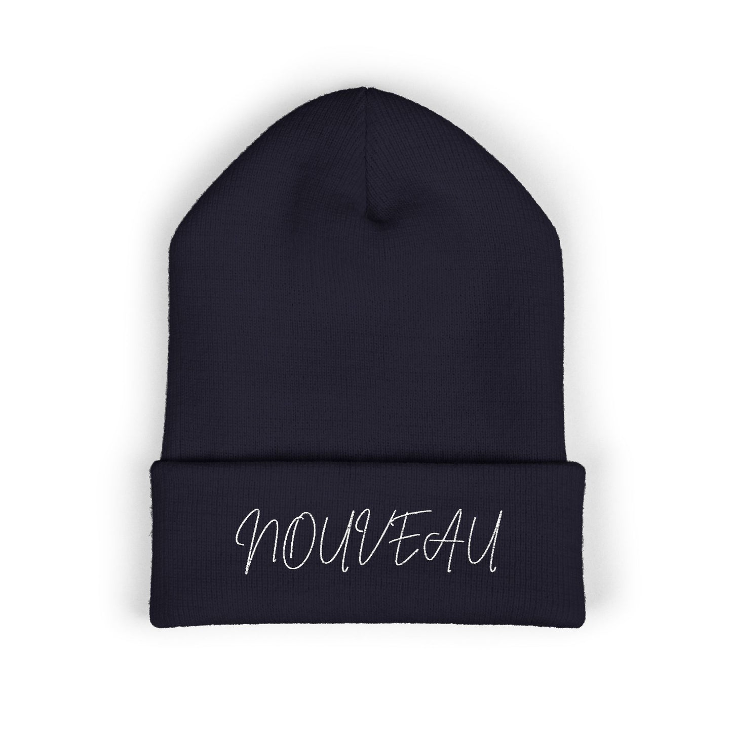 White Lettering NOUVEAU Embroidered Cuffed Beanie