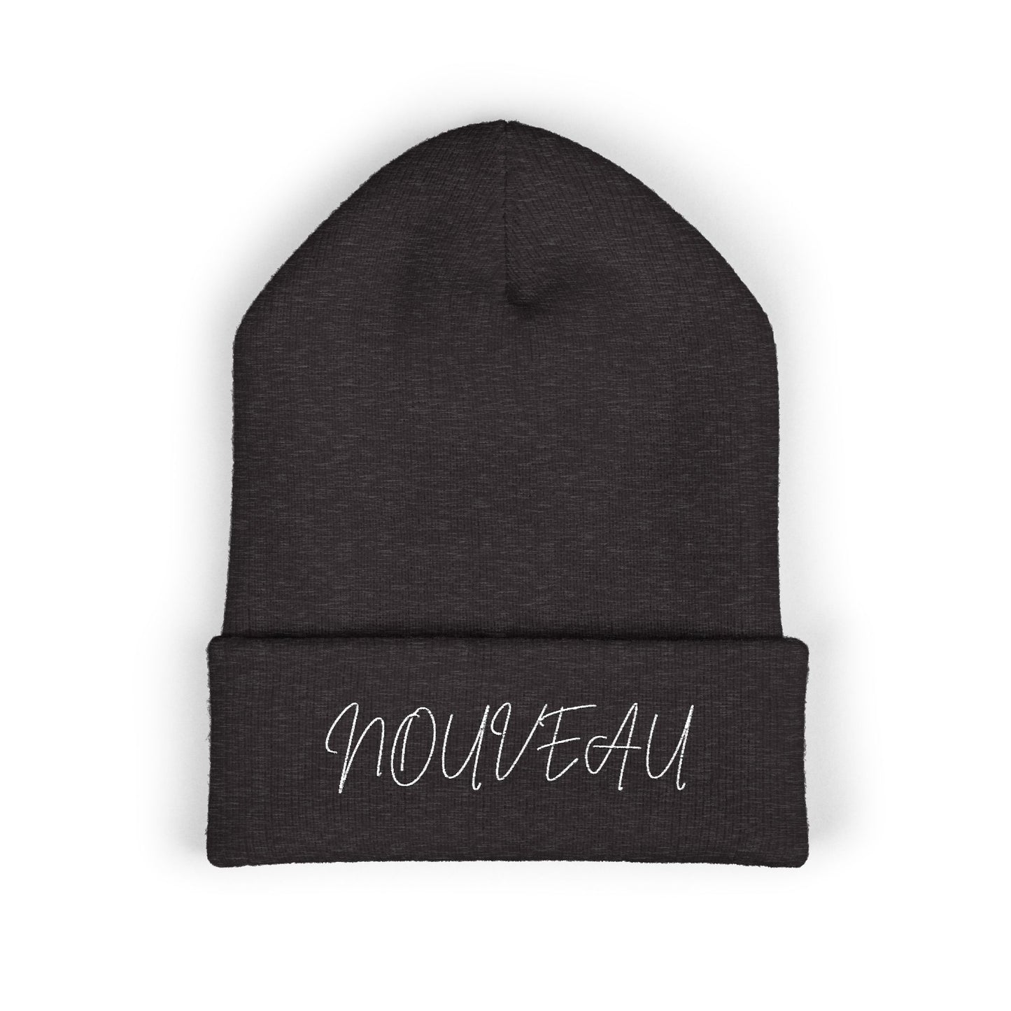 White Lettering NOUVEAU Embroidered Cuffed Beanie